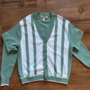 Urban Outfitters Sage Green & White Striped V-Neck Cardigan